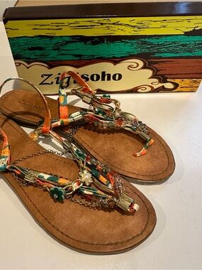 Zigi Soho Orange & Teal Beaded T-Strap Sandals